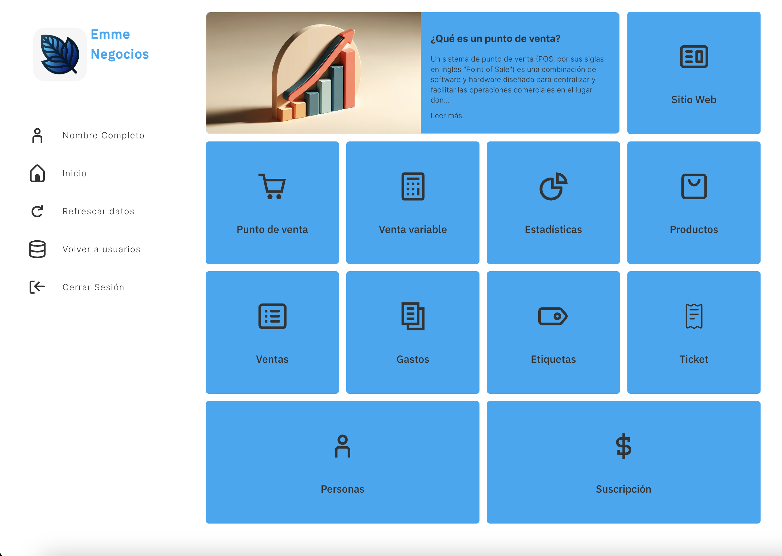Captura de pantalla de la aplicación web de Emme Negocios